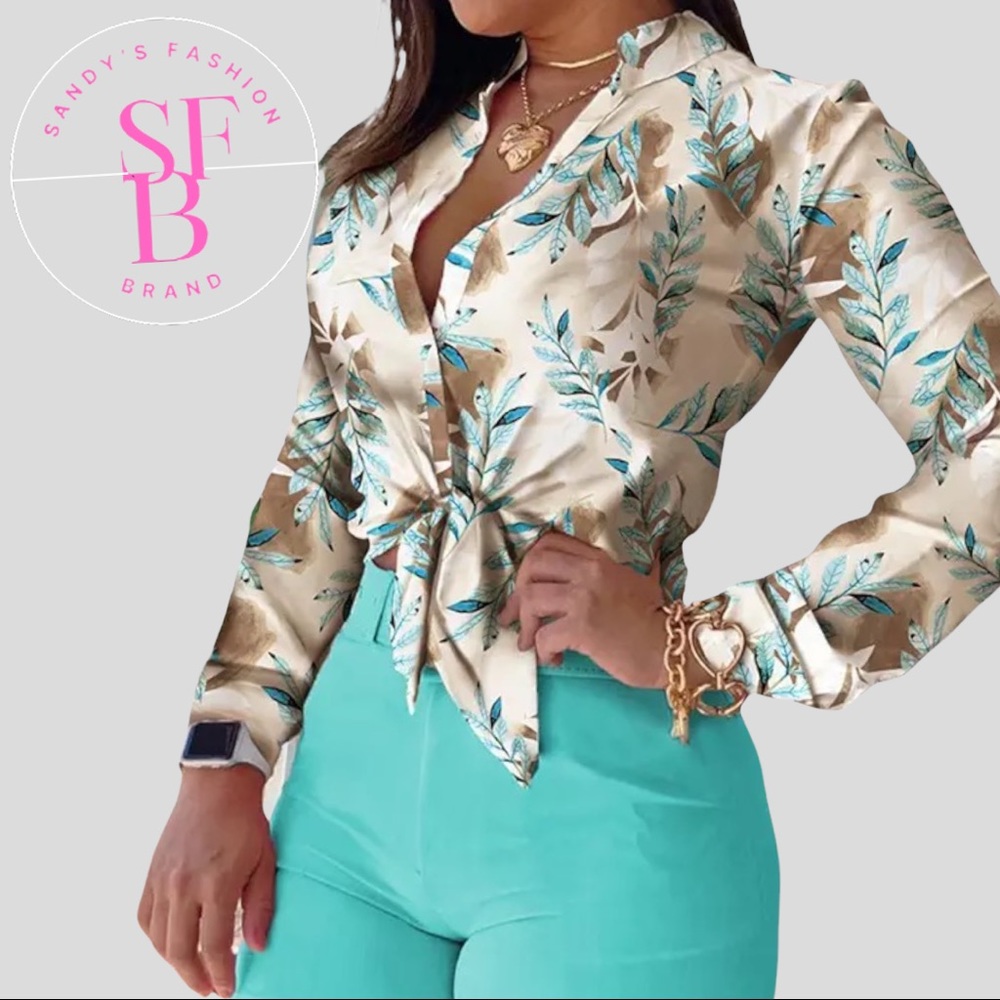 Tropical print long sleeve blouse beige w/ branch leaves of shade of turquoise
